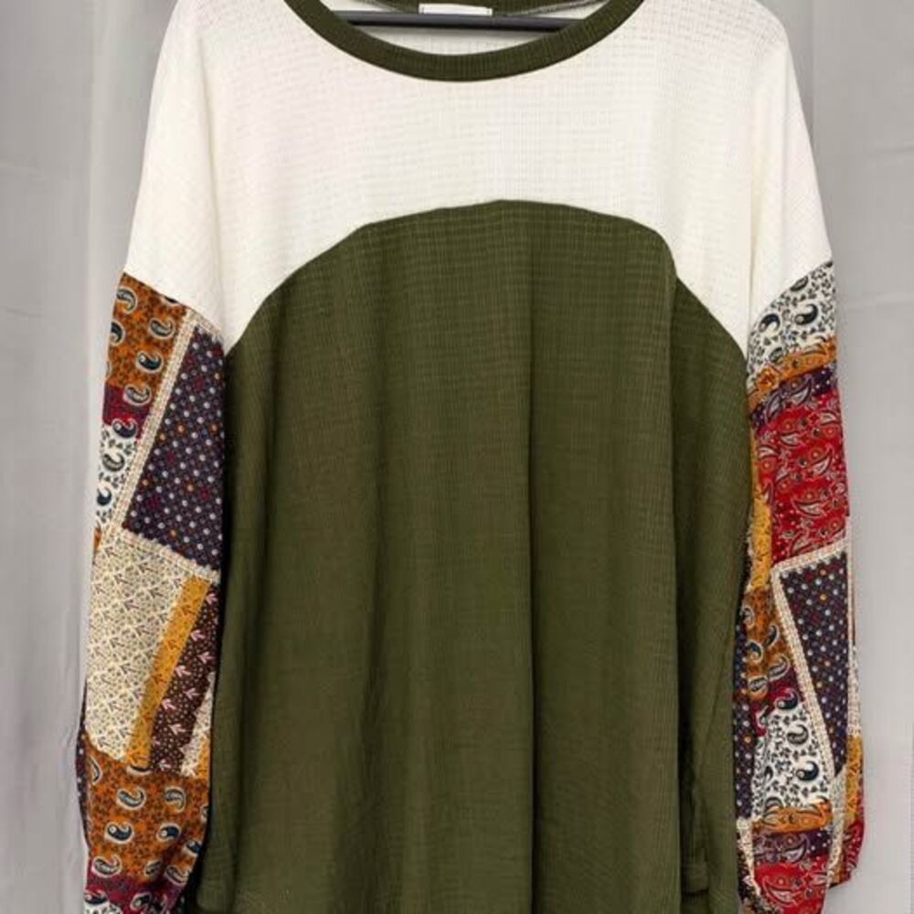 First Love Boho Waffle Knit Colorblock Top with Patchwork Sleeves - Large